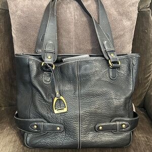 Chaps Black Leather Tote Bag with Gold Accents